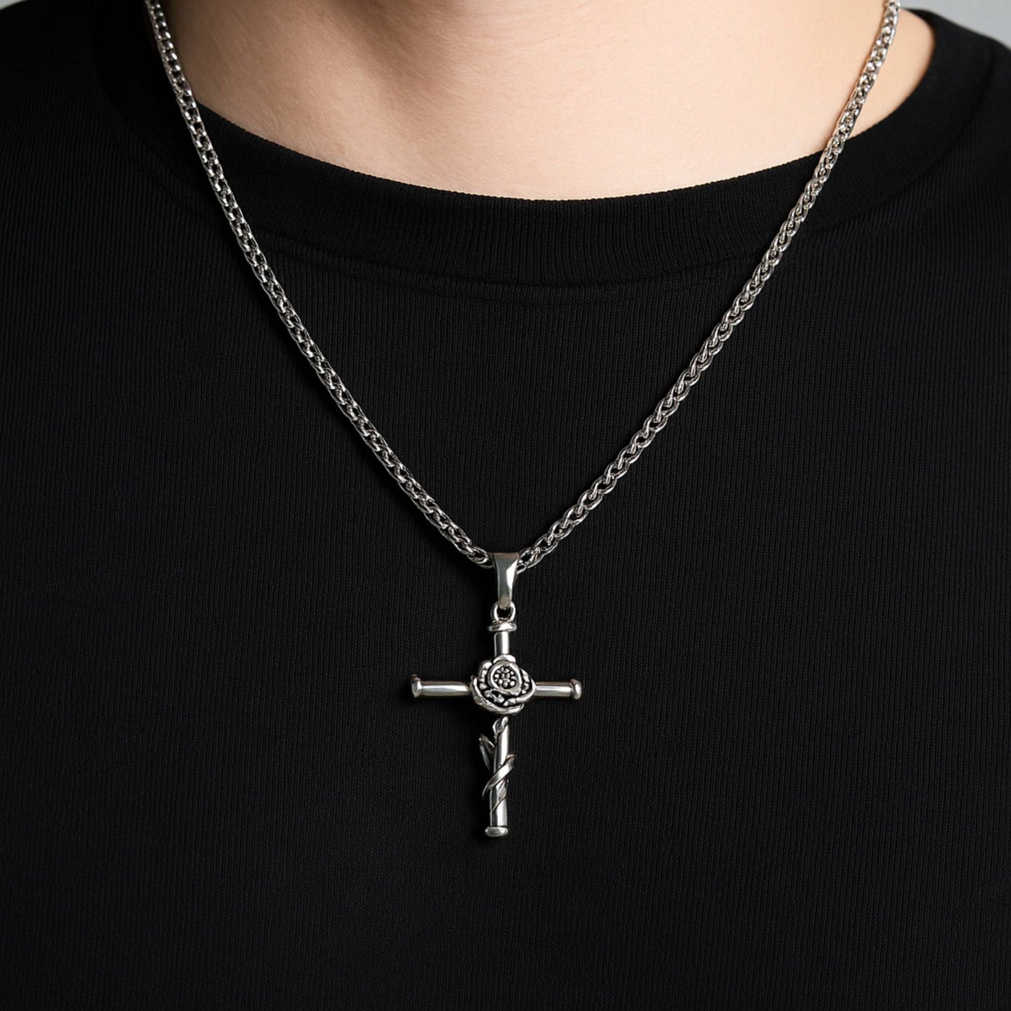 Rose Cross Pendant (Silver)