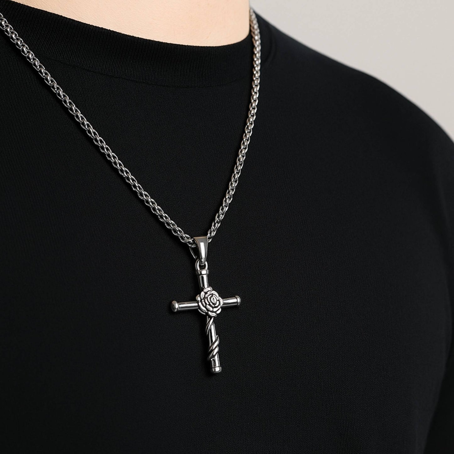 Rose Cross Pendant (Silver)